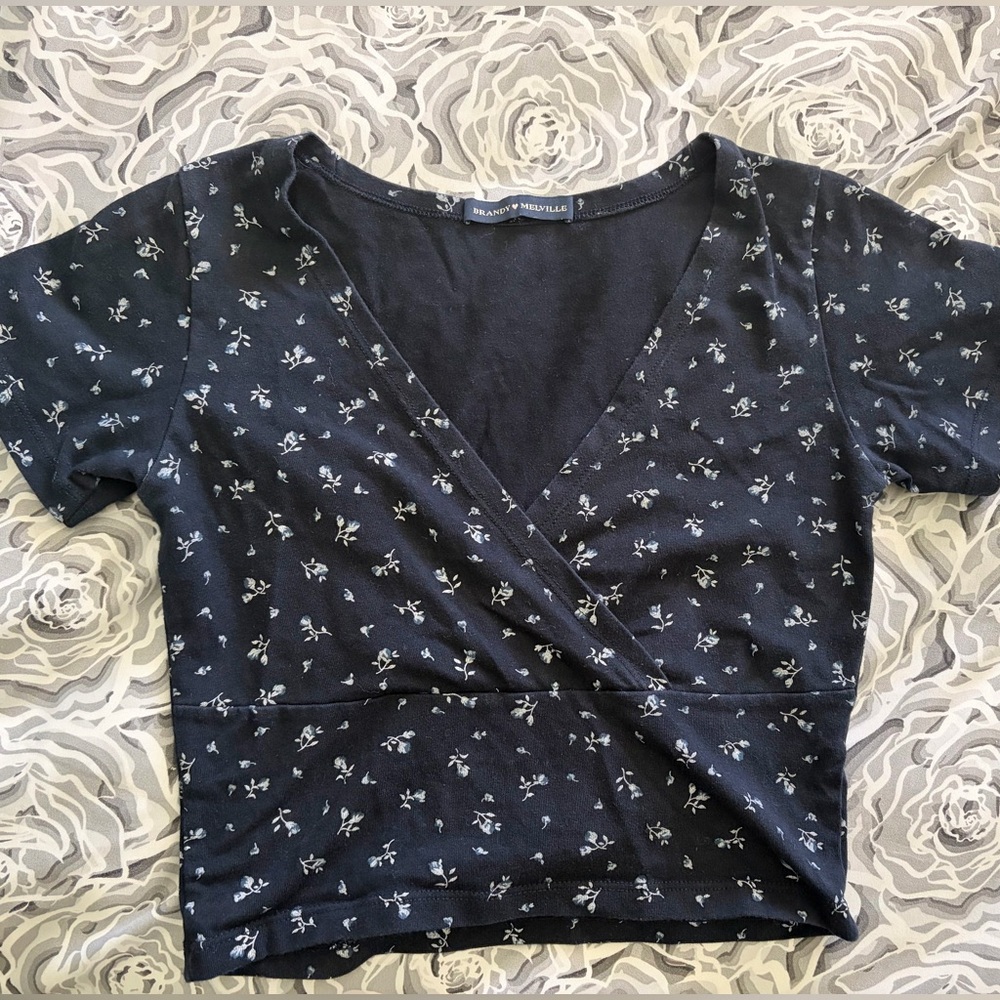 Brandy Melville Black Floral Wrap Crop Top